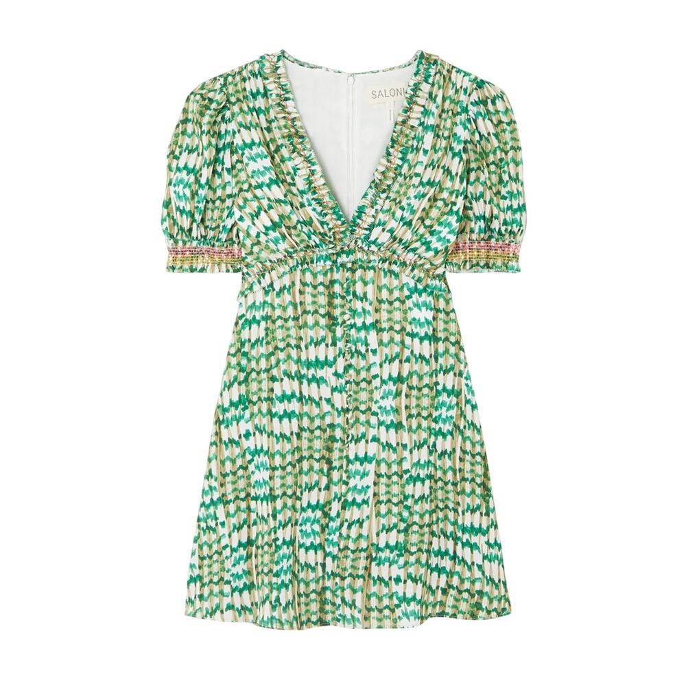 Saloni Smocked Green Lea Mini Dress Size 6 NWT